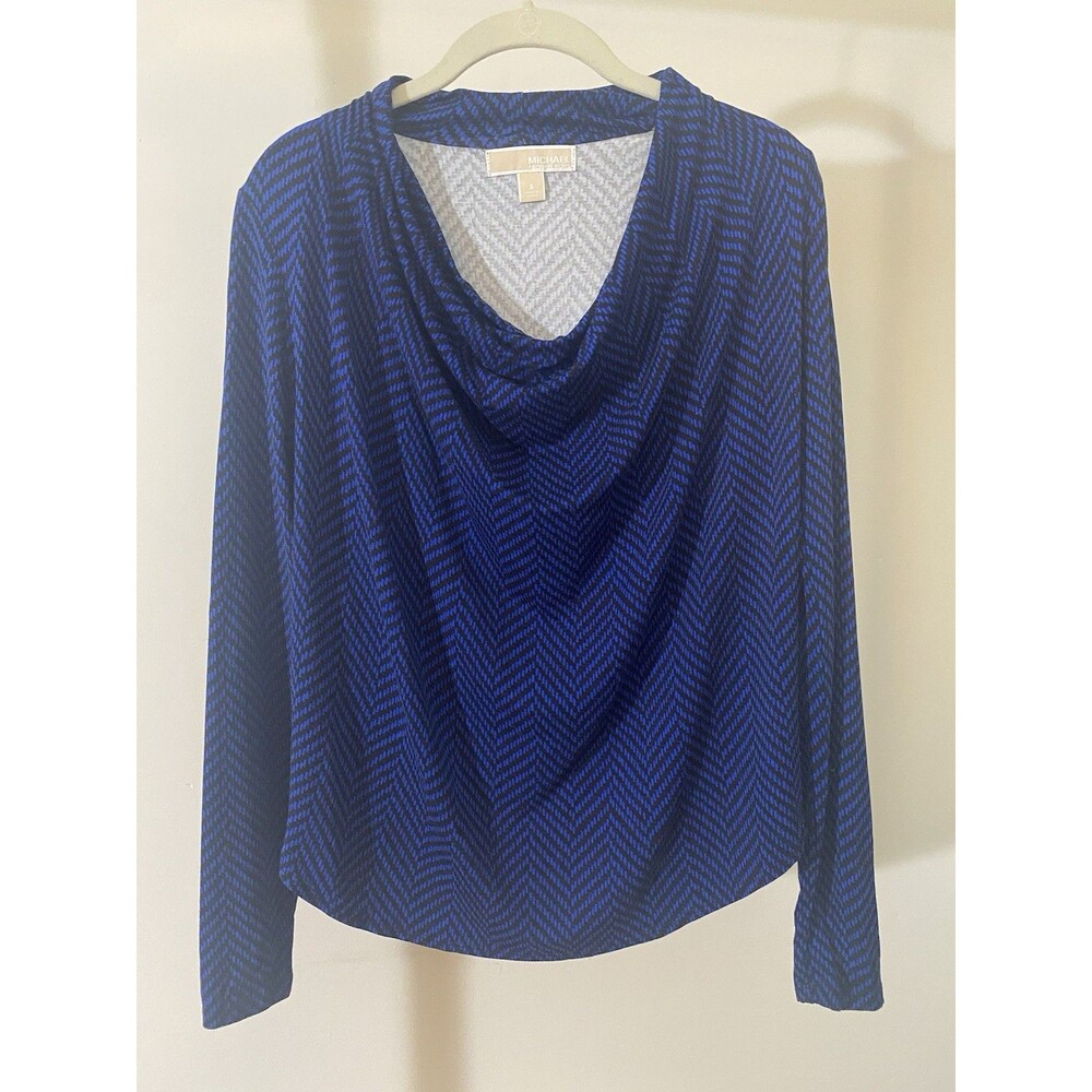 Michael Kors Women’s Drape Neck Long Sleeve Top Blue Black Herringbone Print S